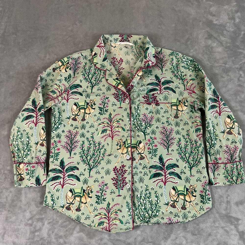 Printfresh Pajama Set Womens Medium Green Camels Courtyard Print Cotton PJs - Picture 2 of 7